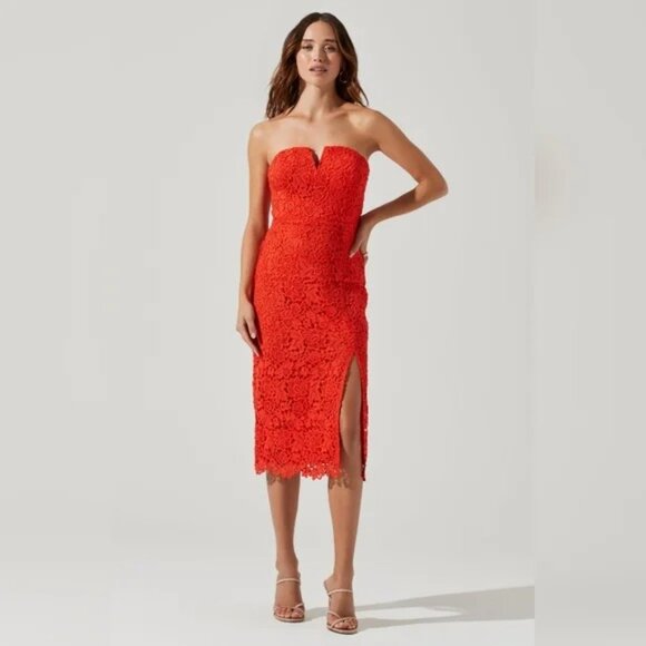 ASTR Orange Lace Cocktail Strapless Midi Dress Sz L Sweetheart Bustier Formal - Picture 1 of 11